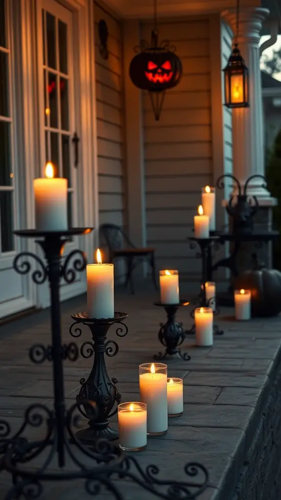 A Halloween porch decorated with candles in black holders and a pumpkin lantern.
