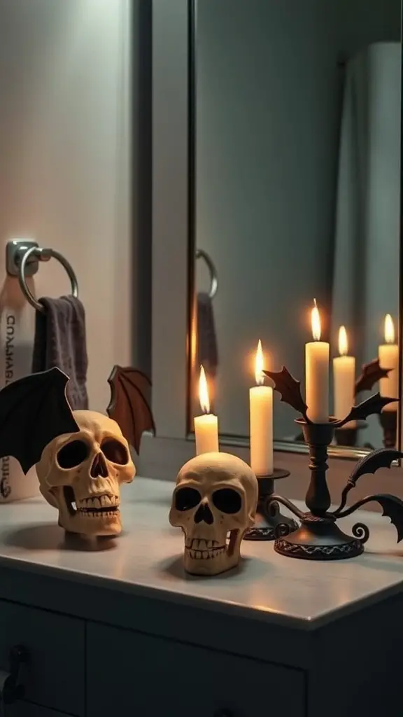 29 Spook-tacular Halloween Bathroom Decor Ideas 4 Creepy candle holders with skulls and bat wings in a bathroom setting