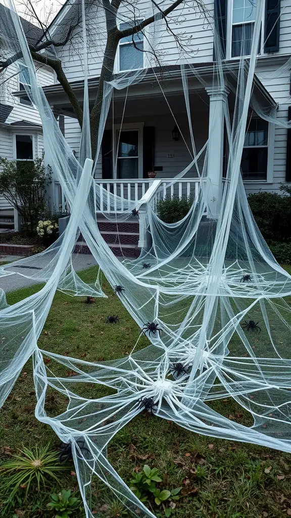 A house decorated for Halloween with fake cobwebs and plastic spiders.
