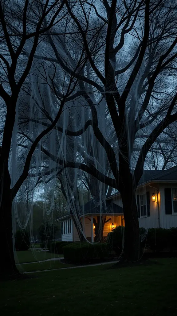 Creepy cobwebs hanging from trees in a front yard, illuminated by house lights
