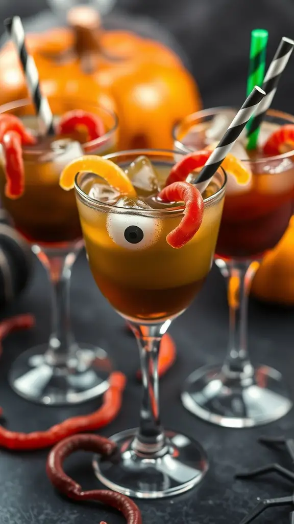A selection of Halloween-themed cocktails with gummy worms and candy eyes as garnishes.