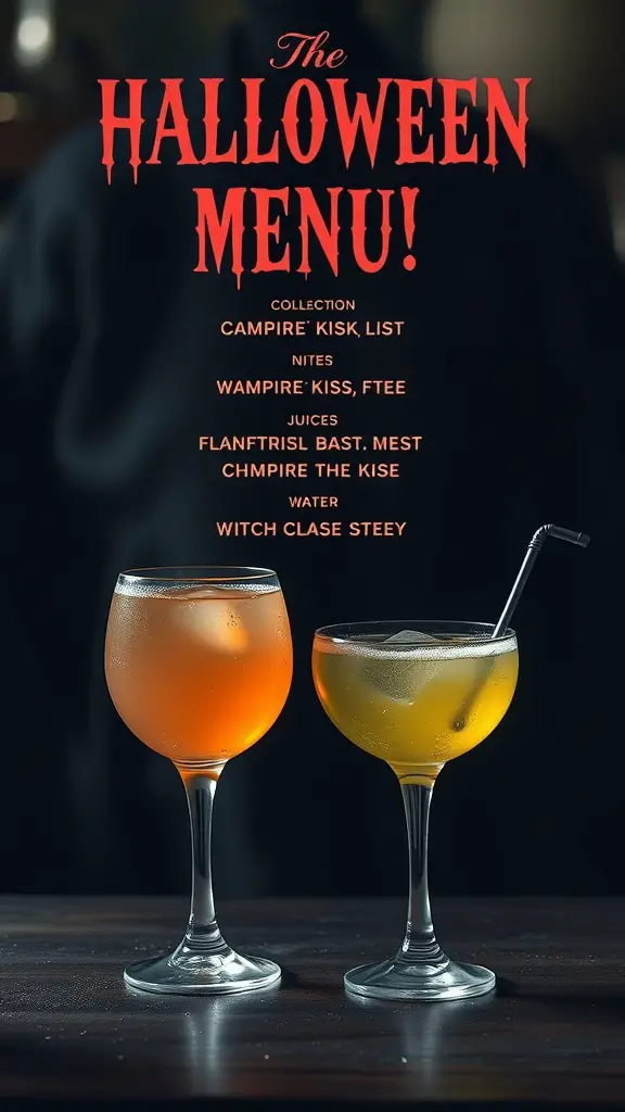 A Halloween cocktail menu featuring two spooky drinks with unique names.