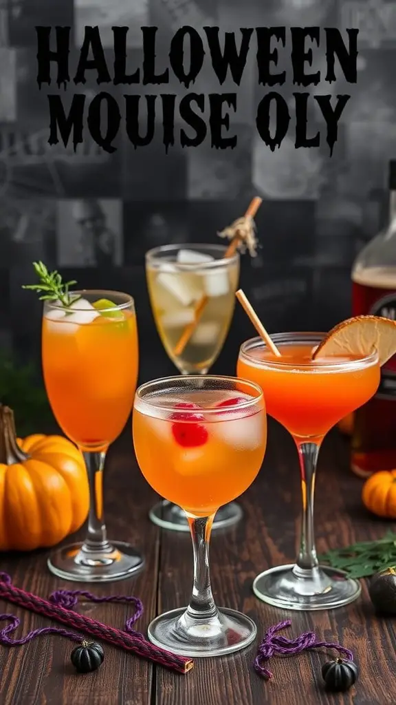21 Spooktacular Halloween Party Ideas for a Frightfully Fun Celebration 6 A variety of colorful Halloween cocktails on a wooden table with pumpkins and spooky decorations.