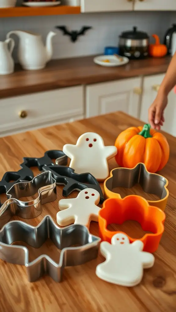 A variety of Halloween-themed cookie cutters on a wooden table, including ghosts, bats, and pumpkins.