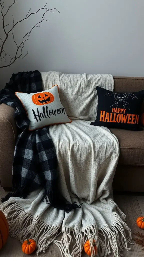 A cozy couch decorated for Halloween with themed pillows and blankets, surrounded by mini pumpkins.
