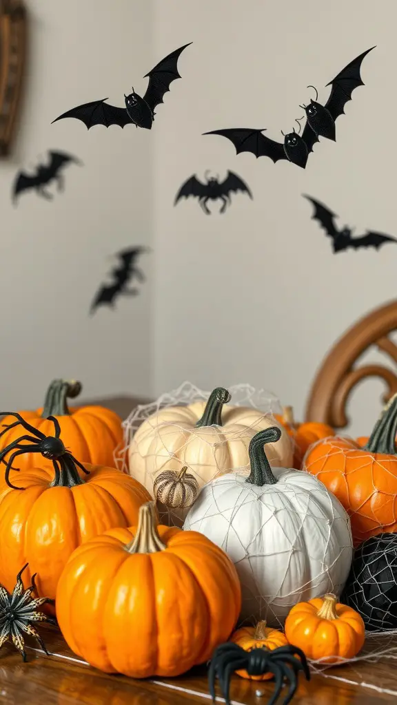 A Halloween centerpiece featuring pumpkins and hanging bats.