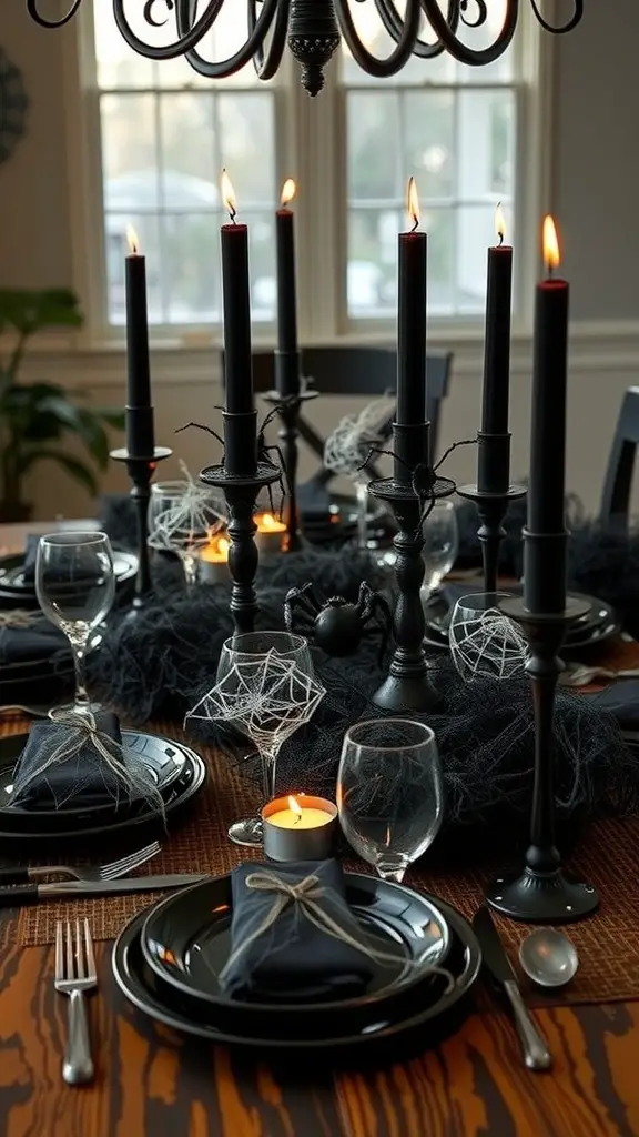 A Halloween-themed dining table with black candles, spider decorations, and dark table settings.