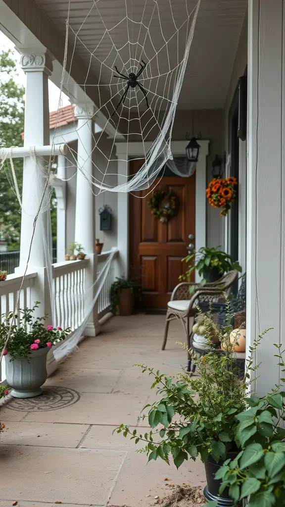 A porch decorated with a large spider web and a black spider, creating a spooky Halloween atmosphere.