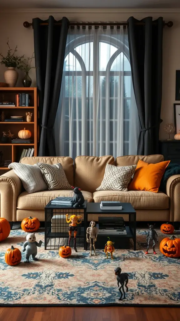 A cozy living room decorated for Halloween with a couch, spooky figures, and jack-o'-lanterns.