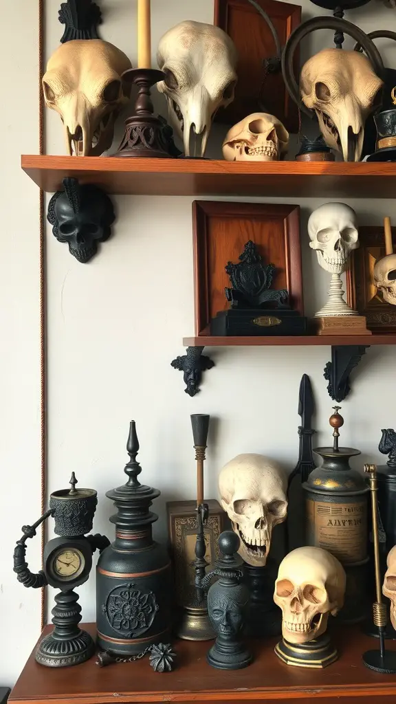 A display of skulls, vintage clocks, and unique artifacts on wooden shelves, creating a gothic atmosphere.