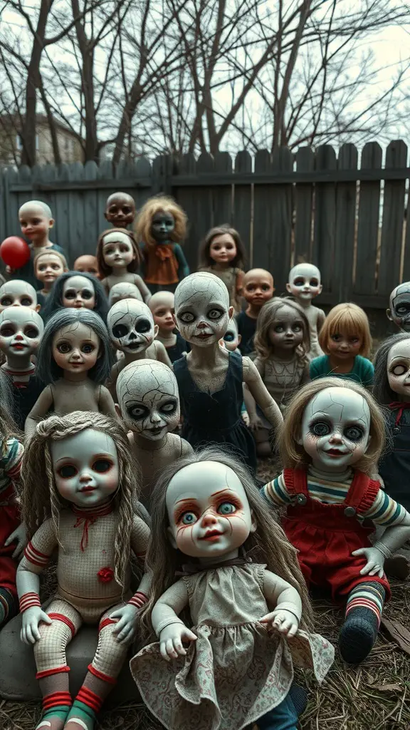 A creepy doll display featuring various dolls with eerie expressions in a yard.
