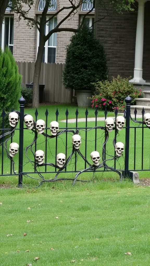 A black iron fence decorated with skulls and twisted vines in a yard