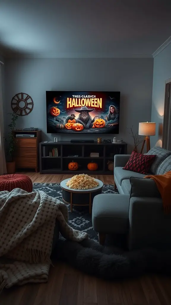 21 Spooktacular Halloween Party Ideas for a Frightfully Fun Celebration 11 Cozy living room setup for a Halloween movie marathon with popcorn, pumpkins, and a horror film on the TV.