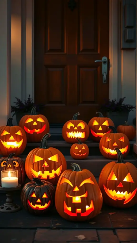 A variety of carved pumpkins with glowing faces on a porch, creating a spooky Halloween atmosphere.