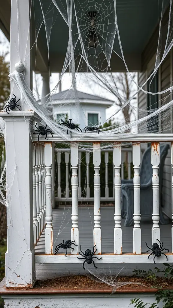 A front porch decorated with spider webs and black spiders for Halloween.