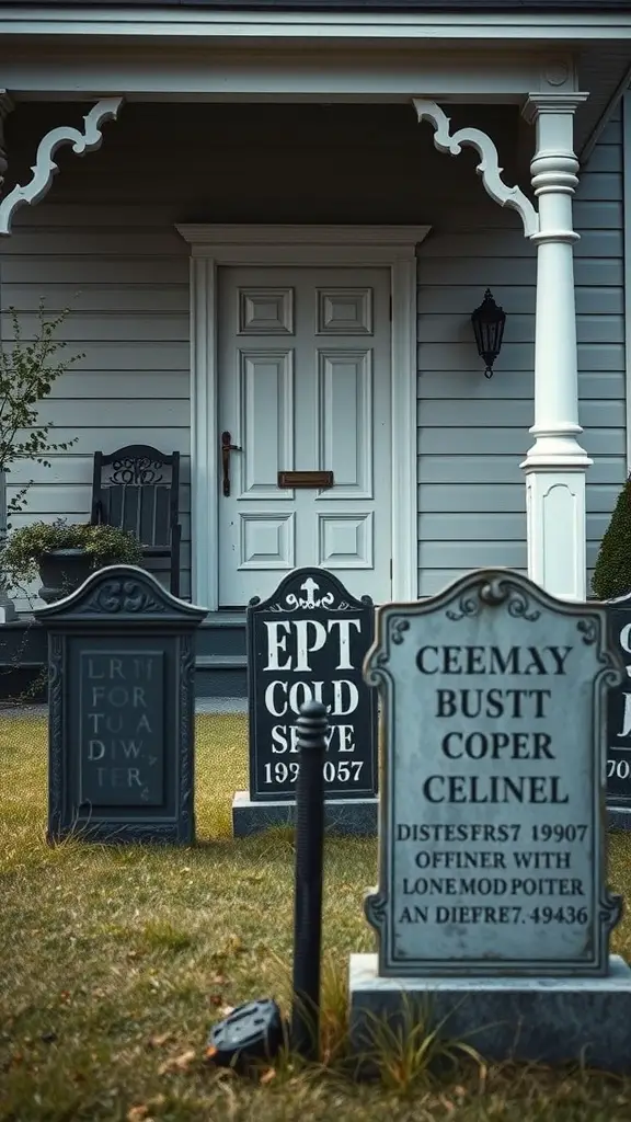 A collection of spooky tombstones in a yard, creating a Halloween atmosphere.