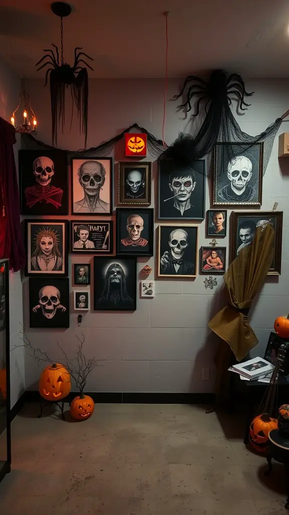 A wall decorated with creepy portraits, skulls, and Halloween-themed art, featuring a glowing jack-o'-lantern and cobwebs.