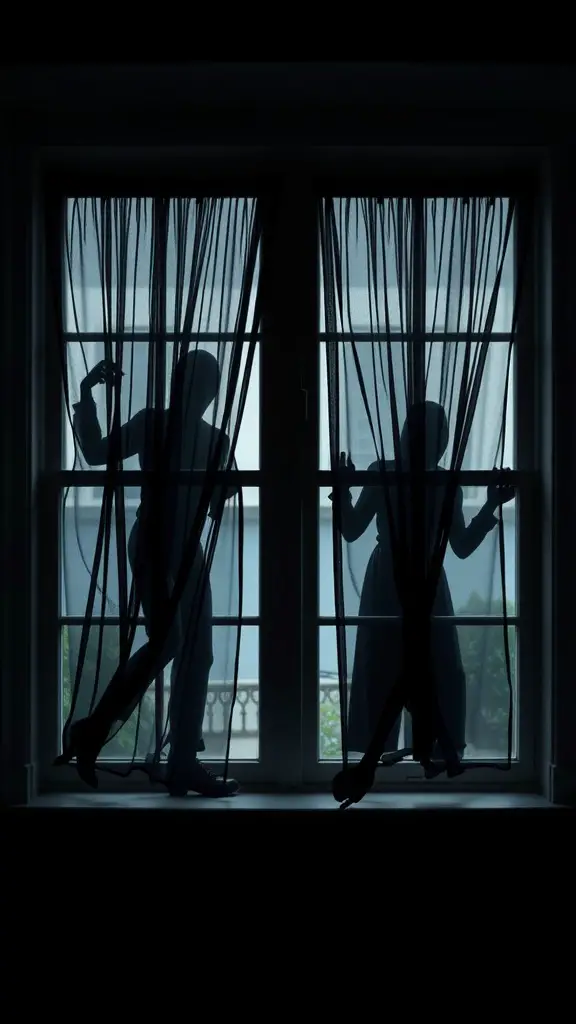 Silhouettes of two figures behind sheer curtains in a dimly lit room.