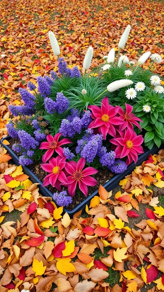 21 Stunning Fall Flower Bed Ideas to Beautify Your Home 10 A flower bed with pink lilies and purple flowers surrounded by colorful autumn leaves.
