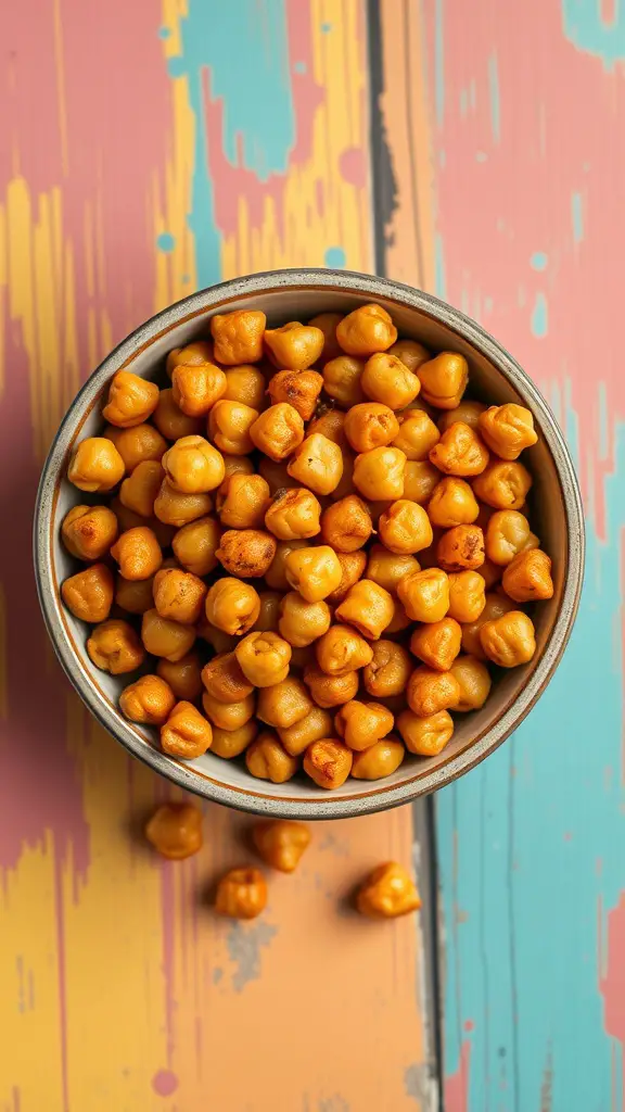 17 Creative Dish Garden Ideas to Elevate Your Space 7 A bowl of crispy roasted chickpeas on a colorful wooden surface.