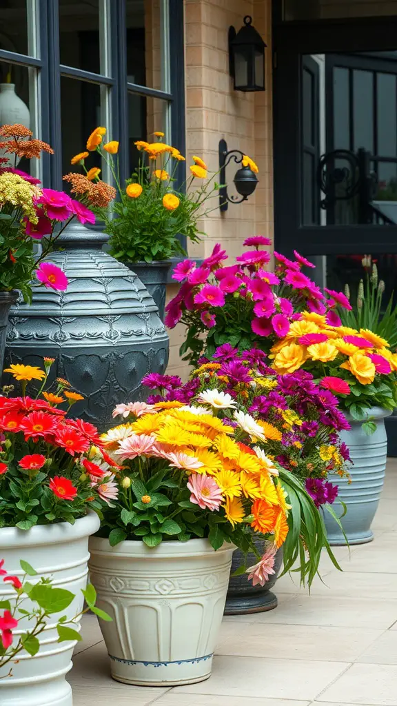 Colorful flower containers with various perennials arranged on a patio.
