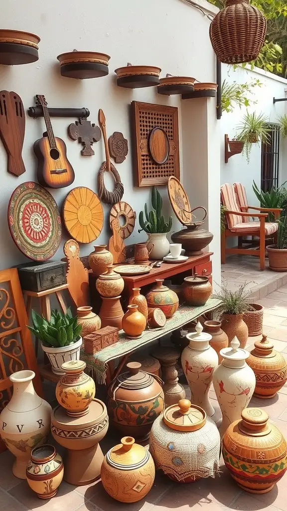 21 Stunning Mexican Patio Hacienda Style Ideas for Your Outdoor Space 17 A collection of traditional Mexican pottery and decor, featuring colorful vases, pots, and cacti.