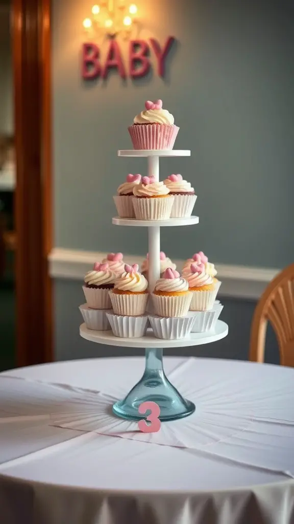 21 Adorable Baby Shower Table Centerpieces for Your Celebration 17 A tiered cupcake tower with pastel cupcakes on a table, with a pink number three decoration.