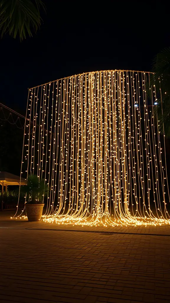 23+ Creative Patio String Light Ideas to Transform Your Outdoor Space 11 A curtain of warm white lights hanging down, creating a dramatic effect in an outdoor setting.