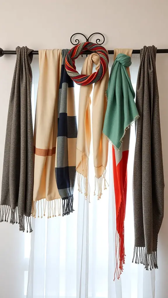 19+ Creative No Closet Solutions for Every Space 11 A collection of colorful scarves displayed on a curtain rod, with a decorative wreath.