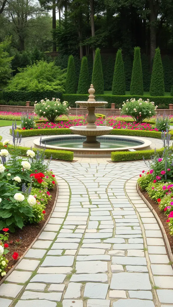 Curved flagstone path leading to a fountain surrounded by flowers and greenery.