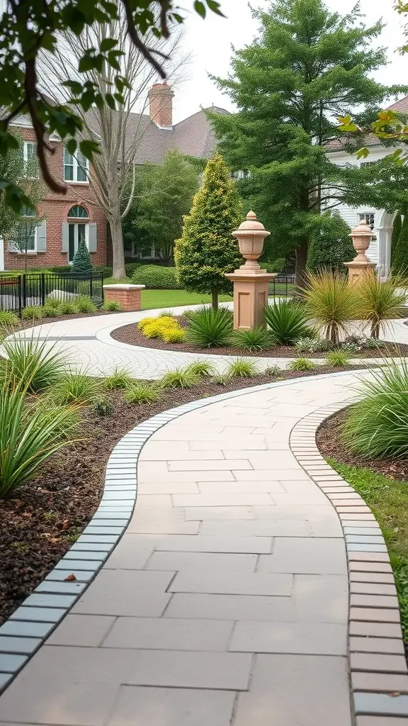 19 Stunning Paver Pathway Ideas to Transform Your Garden 17 A curved paver pathway surrounded by greenery and decorative plants, leading to a residential home.