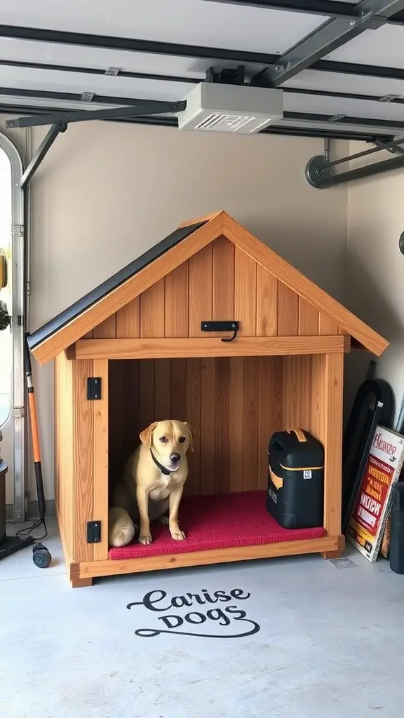17+ Creative Dog Room Ideas for Your Garage 5 A custom built-in dog house in a garage with a dog sitting inside.