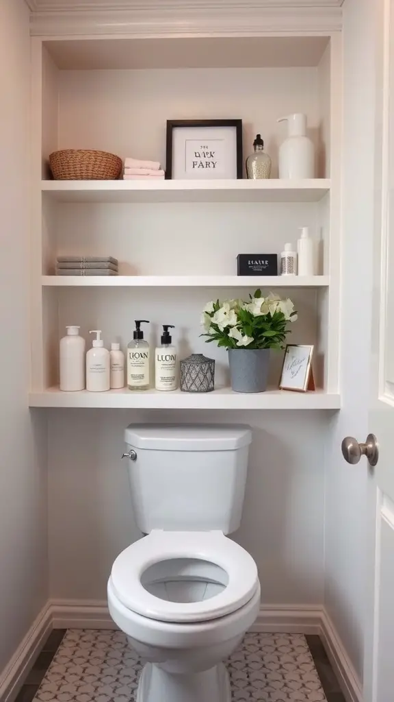17 Creative Over Toilet Storage Ideas for Small Bathrooms 13 Custom built-in shelving above a toilet with decorative items and toiletries.