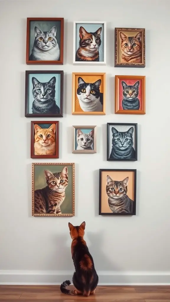 17+ Purr-fect DIY Projects for Cat Lovers 14 A wall displaying custom cat portraits in various frames, with a cat sitting in front, admiring the artwork.