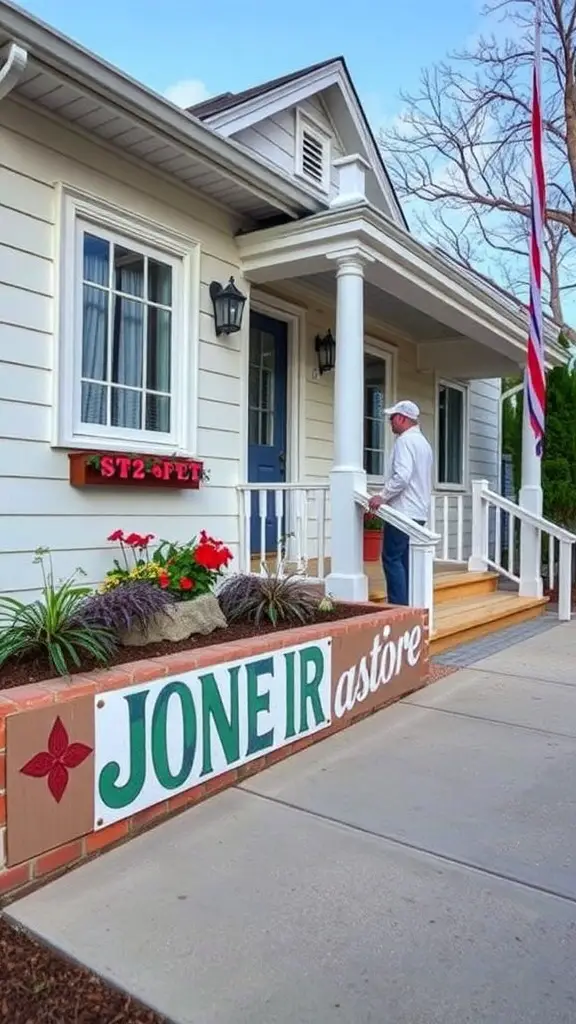 19 Creative House Skirting Ideas to Transform Your Home 15 A house entrance featuring custom designed skirting with bold lettering and vibrant flowers.