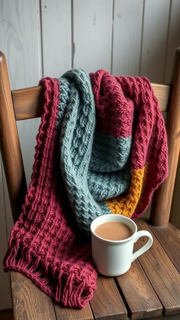 A cozy knitted scarf draped over a wooden chair next to a cup of tea.