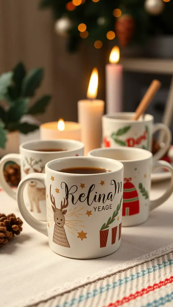 A cozy scene featuring custom painted mugs with festive designs, candles, and a Christmas tree in the background.