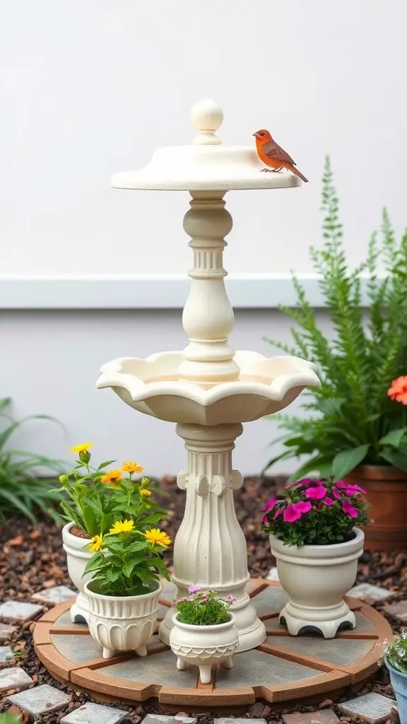 21 Creative Bird Bath Ideas for Stunning Landscaping 13 A customizable bird bath with planters, featuring a pedestal and colorful flowers around it.