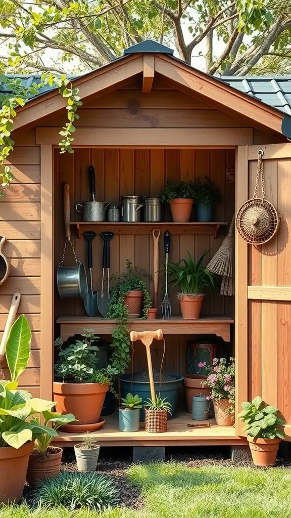 23 Amazing Backyard Ideas for Your Bloxburg Home 16 A cozy garden shed filled with pots and gardening tools, surrounded by plants.