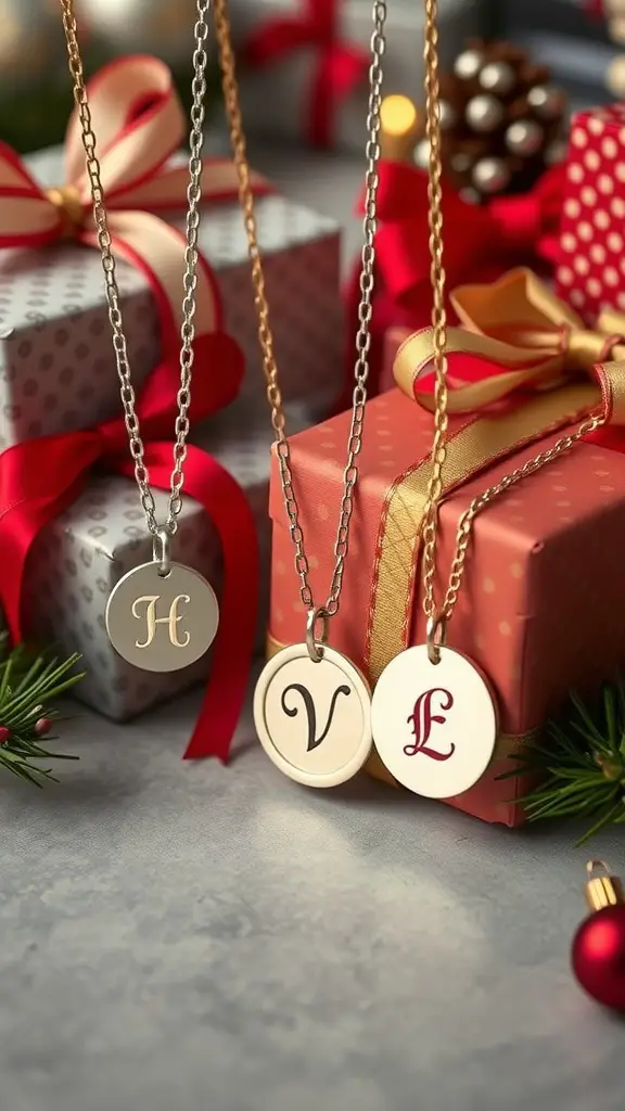 Three customizable necklaces with initials hanging in front of beautifully wrapped Christmas gifts.