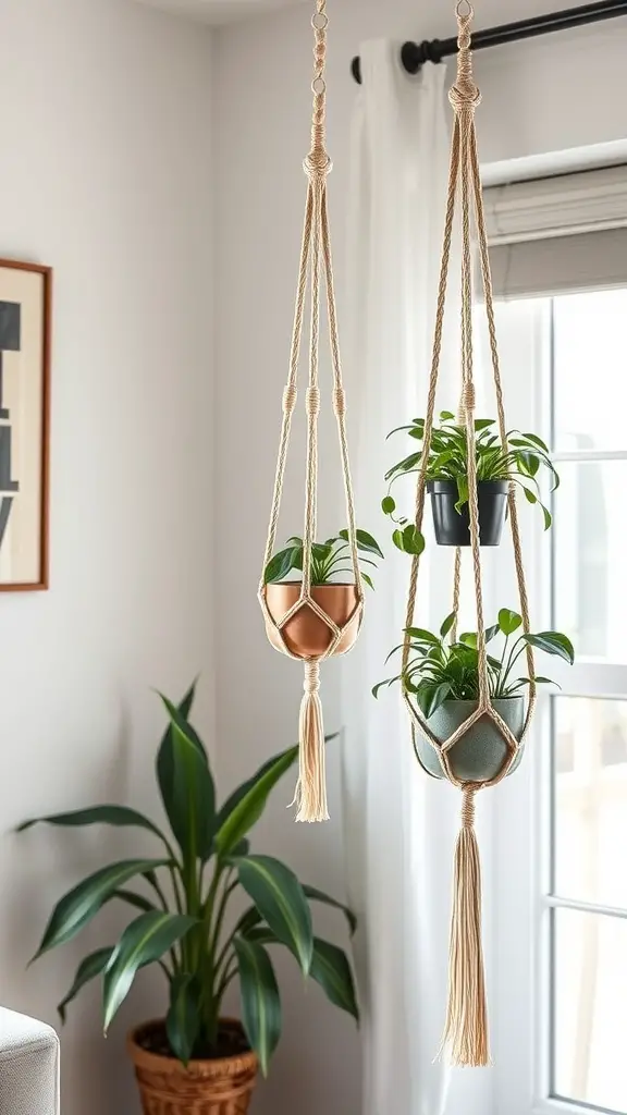 19 Stunning DIY Macrame Plant Hangers to Elevate Your Home Decor 14 Two macrame plant hangers with different colored pots, showcasing plants in a bright room.