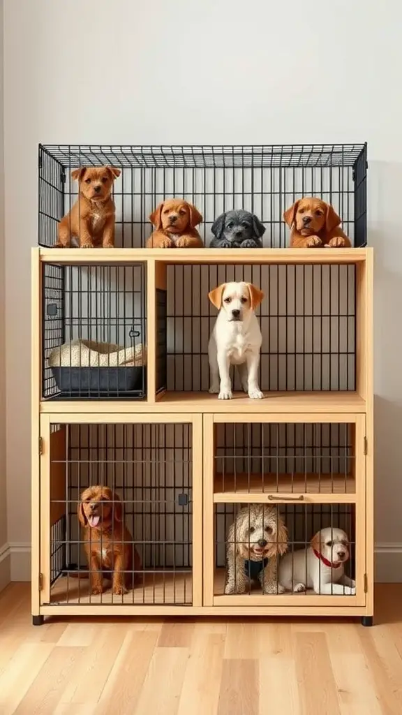 17+ Creative Dog Crate Ideas for Stylish Pet Spaces 7 A modular dog crate with multiple compartments housing several dogs.