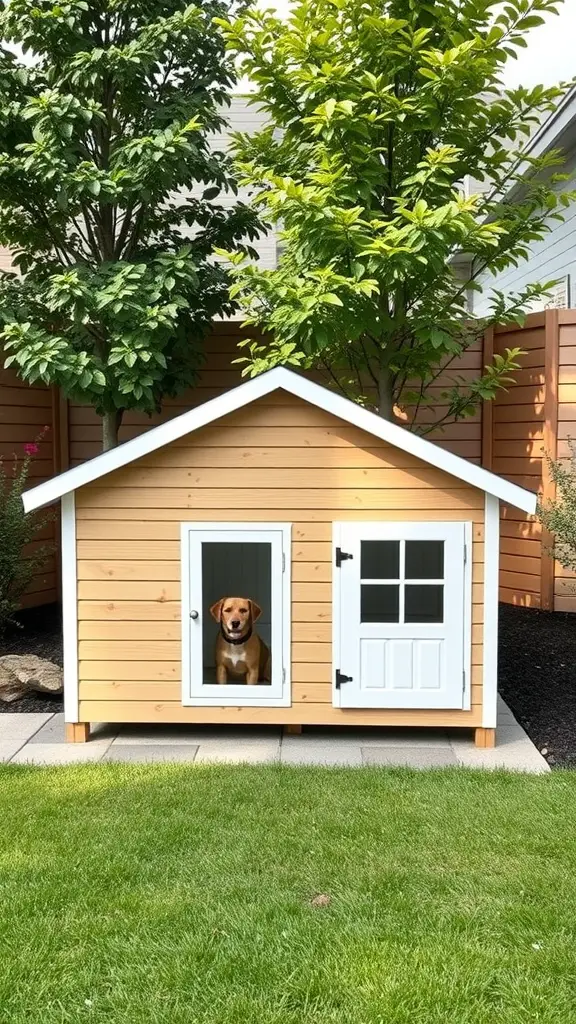 17+ Creative Outside Dog House Ideas for Your Furry Friend 14 A customizable modular dog house with a wooden exterior and white doors, featuring a dog sitting inside.