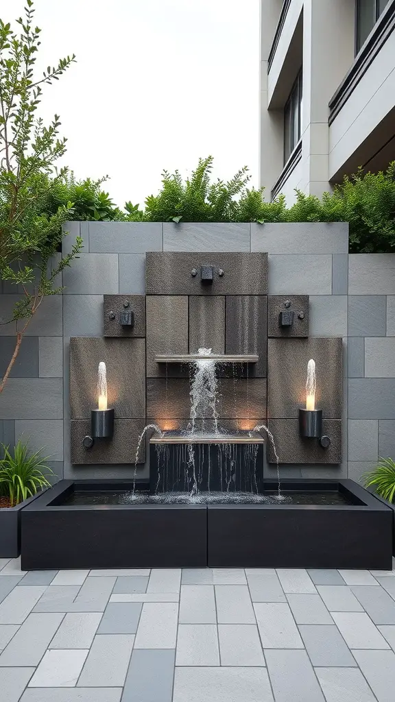 A modern customizable modular outdoor fountain with multiple water streams and lighting features.