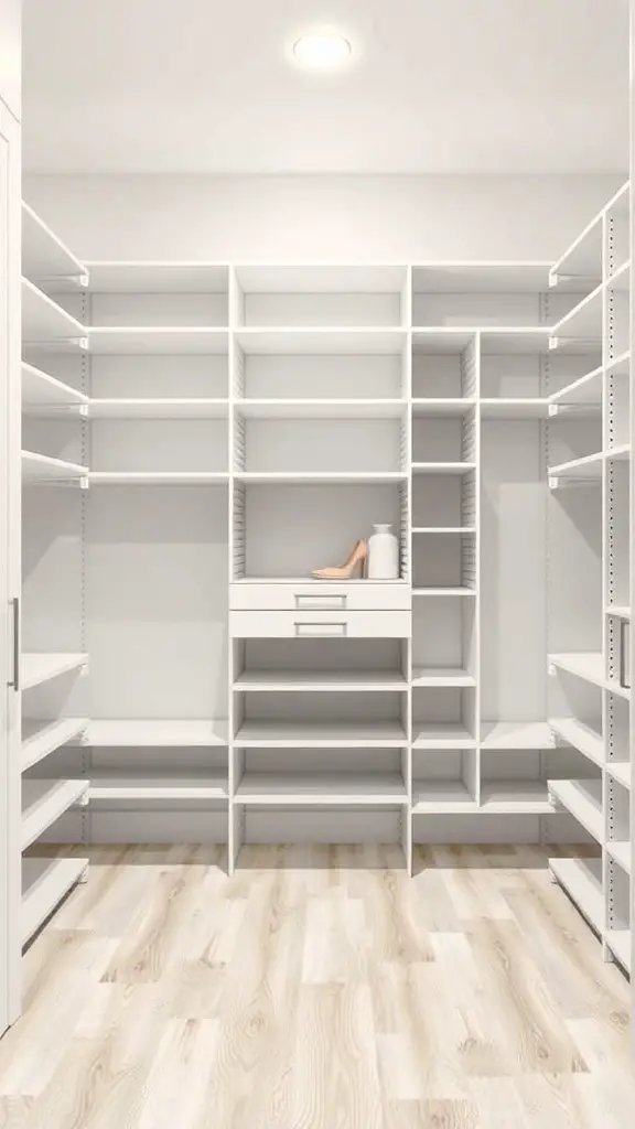 17+ Smart Closet Storage Ideas to Maximize Space 2 A customizable modular shelving unit in a closet with white shelves and a light wooden floor.