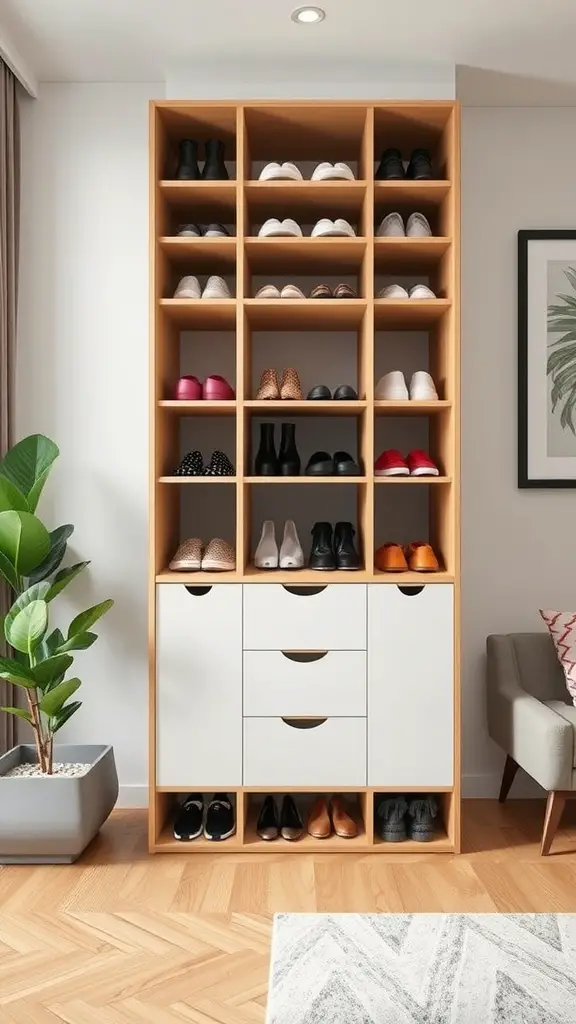 21+Creative DIY Shoe Rack Ideas to Organize Your Space 13 A customizable modular shoe rack with multiple compartments, featuring open shelves and drawers, alongside a plant in a modern living space.