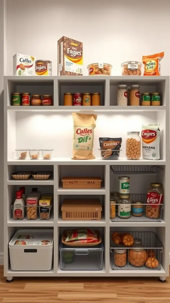 15+ Essential Food Storage Room Ideas for Your Home 2 A modular storage unit filled with various food items, showcasing organization and accessibility.