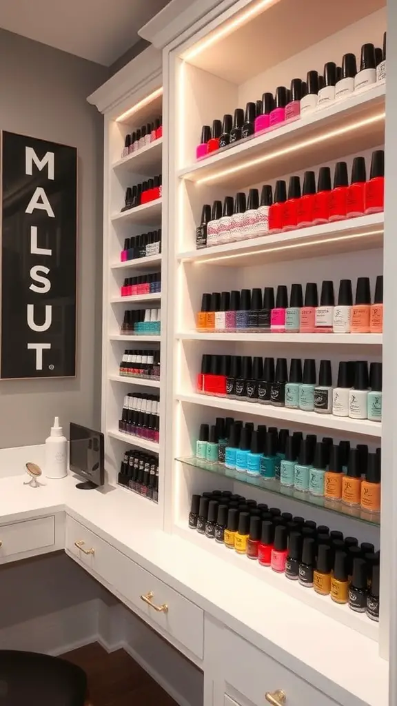 19+Creative Nail Polish Storage Ideas You’ll Love 17 Customizable nail polish shelving displaying a variety of nail polish colors in an organized manner.