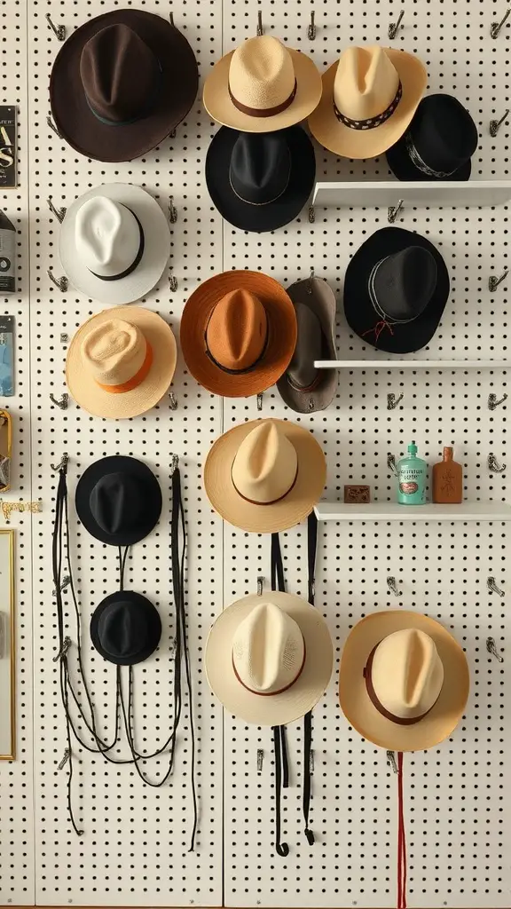 19 Creative Hat Rack Ideas for Your Home 8 A pegboard displaying various hats in different colors and styles, with hooks and shelves for organization.