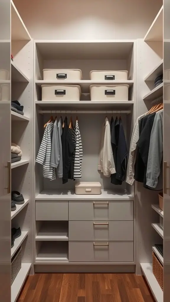 15 Creative Bedroom Storage Ideas for a Clutter-Free Space 13 A customized closet system featuring shelves, hanging rods, and drawers for organized storage.